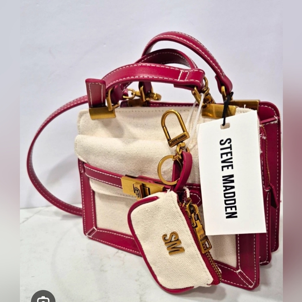 Steve Madden Cream Canvas Satchel with Burgundy Trim